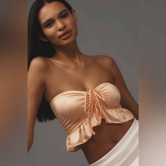 NWT By Anthropologie Strapless Ruffled Bandeau Top in Peach - Picture 1 of 11